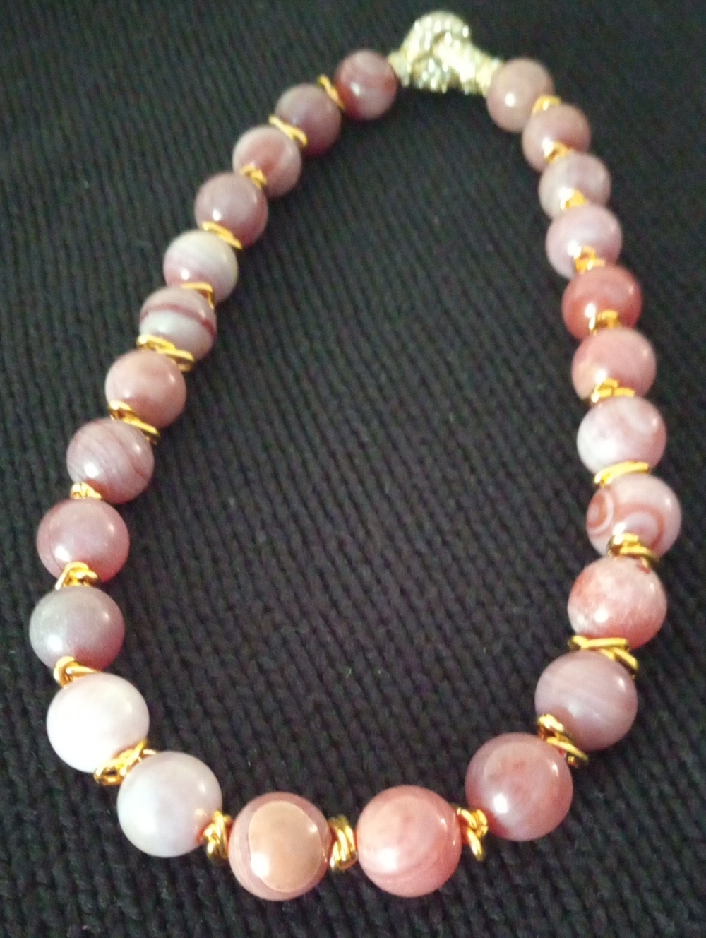 Vintage Pink Botswana Agate Beaded Statement Necklace with Rhinestone Clasp